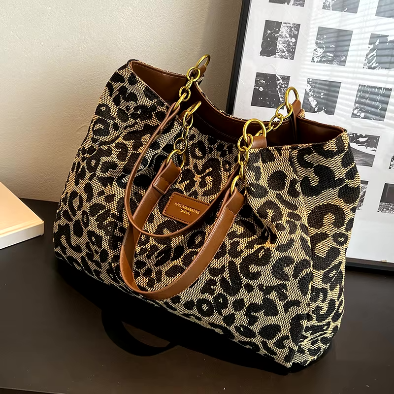 Leopard Print Tote Bag with Gold-Tone Chain Handles - 6