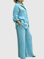 Women's Two-Piece Set Long Sleeve Shirt with Wide-Leg Trousers - Lake Blue