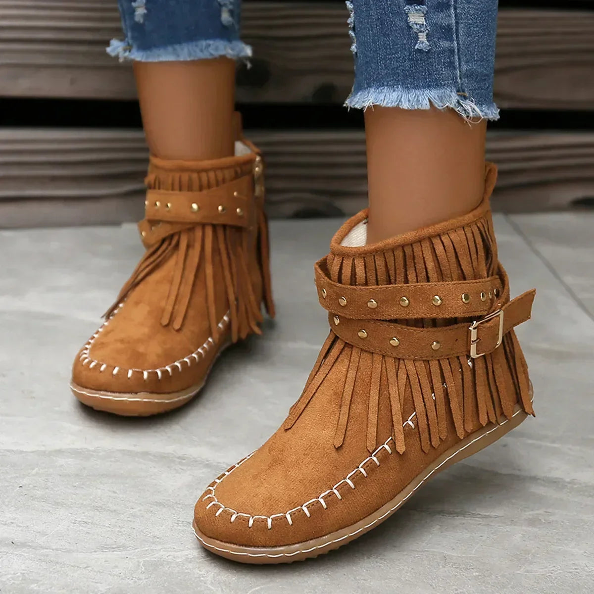 Women's Ankle Boots with Fringe and Studs, Western Boho Style - Camel