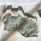 Women's Ribbed Loungewear Set Short Sleeve with Shorts - Green