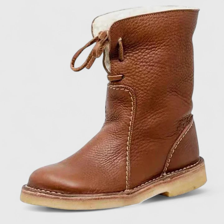 Women's Ankle Boots with Fleece Trim and Lace-Up Front - Brown