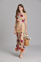 Women's Midi Dress Floral Appliqué with High Neckline and Sheer Sleeves - 15