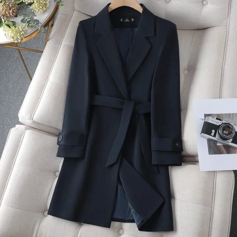 Women's Longline Blazer Coat with Tie Belt and Button Cuffs - 8