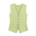 Women's Knitted Waistcoat Sleeveless with V-Neck and Button Front - Light Green