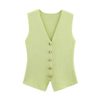 Women's Knitted Waistcoat Sleeveless with V-Neck and Button Front - Light Green