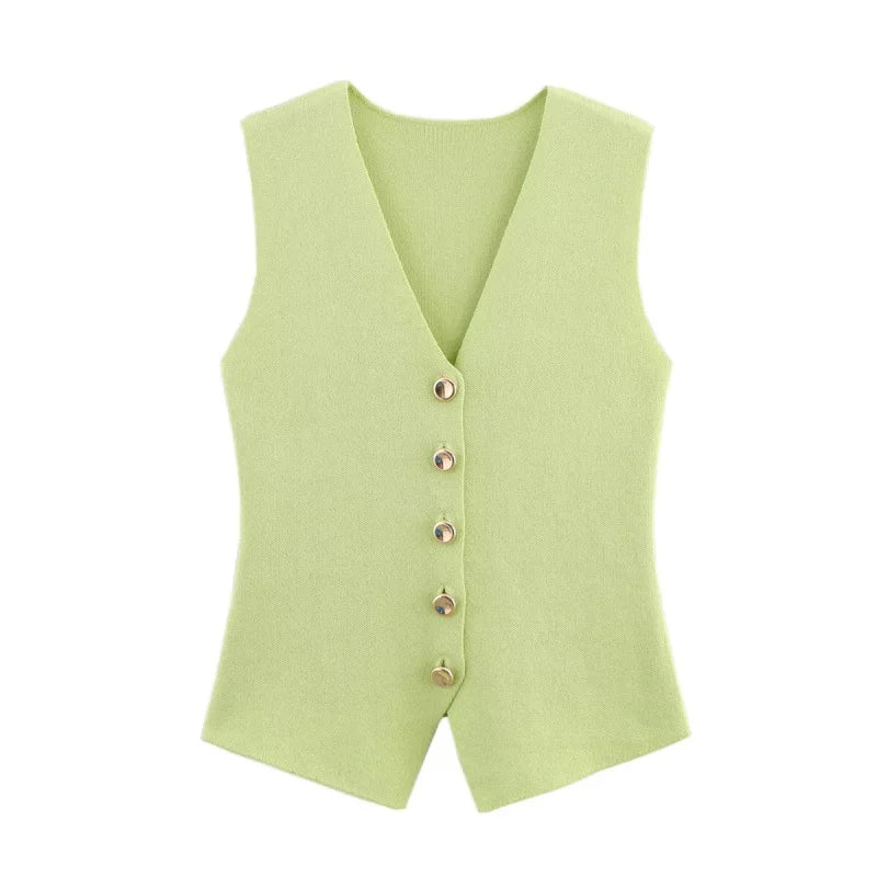 Women's Knitted Waistcoat Sleeveless with V-Neck and Button Front - Light Green