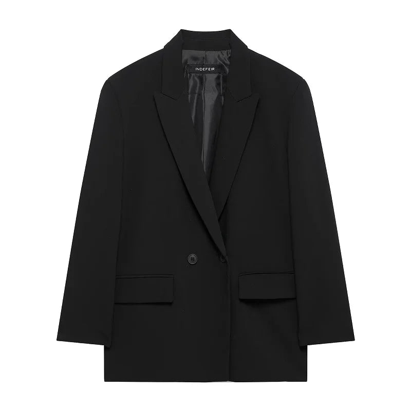 Women's Structured Blazer with Notched Lapel and Double Button - Black