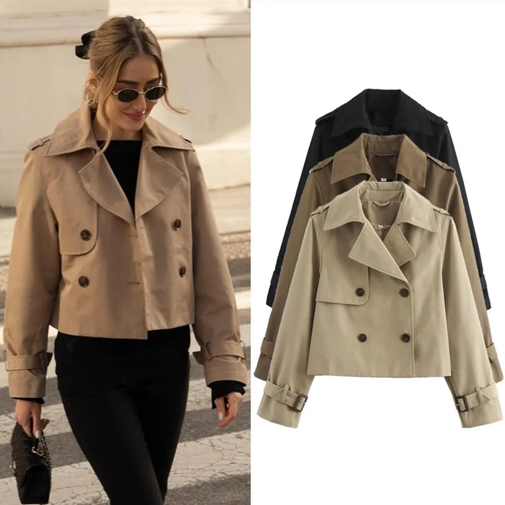 Women's Cropped Trench Coat with Double-Breasted Buttons and Belted Cuffs - 7