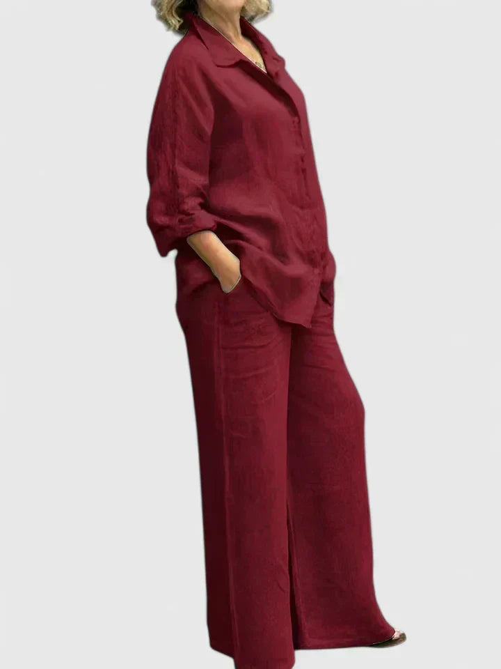 Women's Two-Piece Set Long Sleeve Shirt with Wide-Leg Trousers - Burgundy