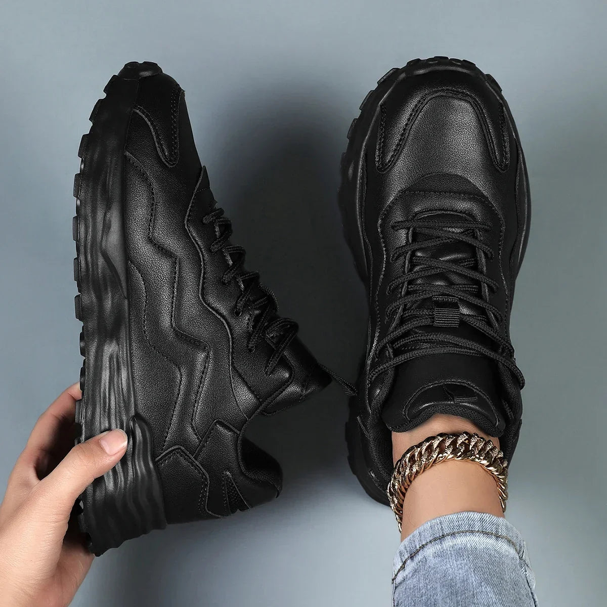 Women's Chunky Platform Sneakers with Mesh Upper - Black