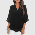 Women's Blouse V-Neck with Split Sleeves and Curved Hem - Black