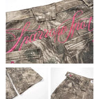 Women's Wide Leg Jeans with Camo Print and Embroidery - 10