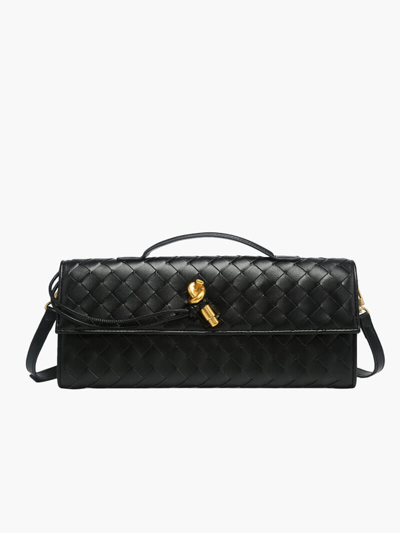 Woven Handbag with Knot and Gold Link Detail - Black