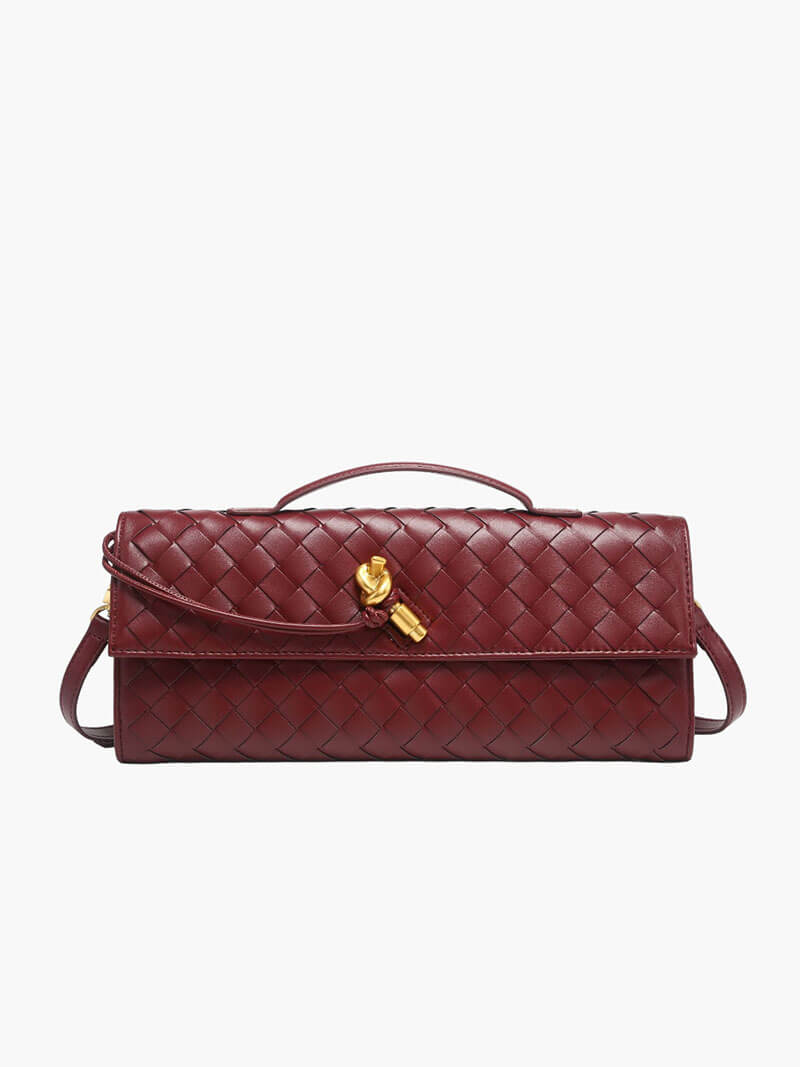 Woven Handbag with Knot and Gold Link Detail - Wine Red