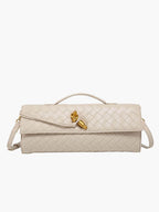 Woven Handbag with Knot and Gold Link Detail - Cream