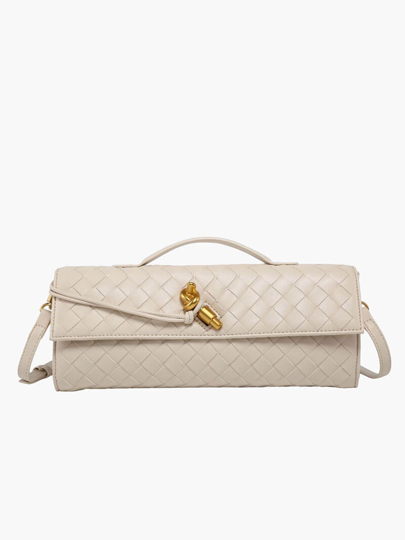 Woven Handbag with Knot and Gold Link Detail - Cream