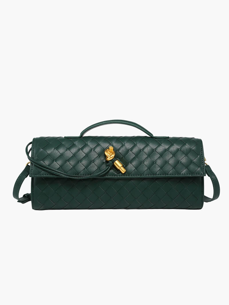Woven Handbag with Knot and Gold Link Detail - Dark Green