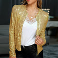 Women's Sequin Blazer with Padded Shoulders and Front Closure - Gold