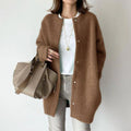 Women's Relaxed Fit Coat with Snap Button Front and Round Neck - Brown
