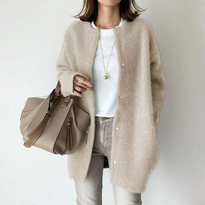 Women's Relaxed Fit Coat with Snap Button Front and Round Neck - Beige