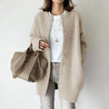 Women's Relaxed Fit Coat with Snap Button Front and Round Neck - Beige