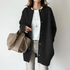 Women's Relaxed Fit Coat with Snap Button Front and Round Neck - Black