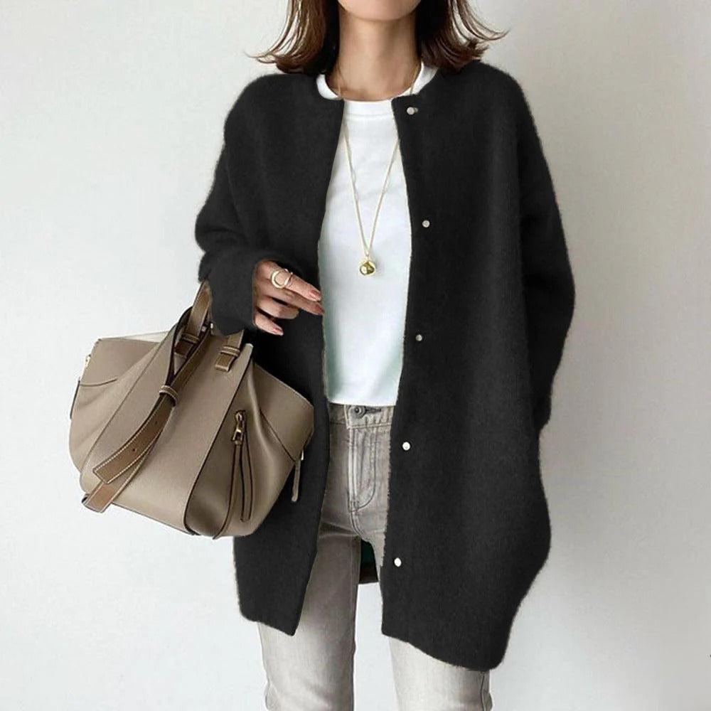 Women's Relaxed Fit Coat with Snap Button Front and Round Neck - Black