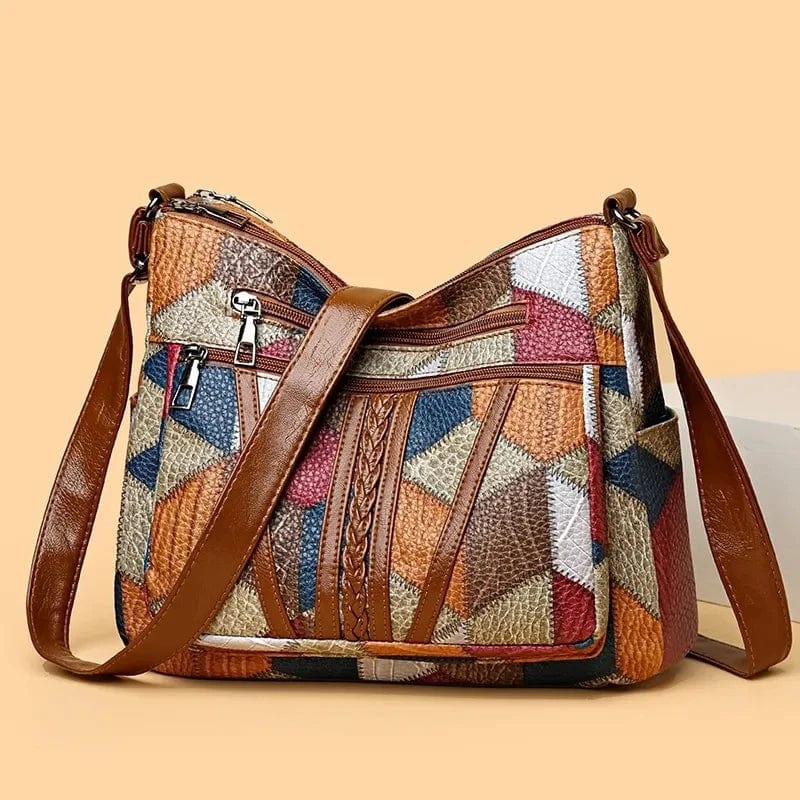 Women's Patchwork Shoulder Bag with Multiple Zip Pockets - 2