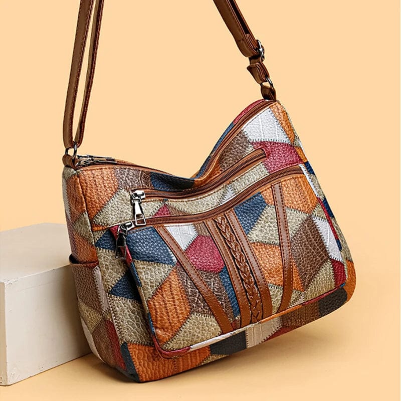 Women's Patchwork Shoulder Bag with Multiple Zip Pockets - 4