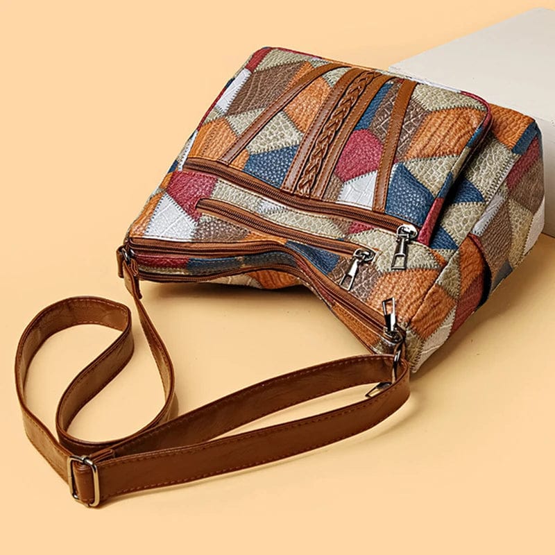 Women's Patchwork Shoulder Bag with Multiple Zip Pockets - 5