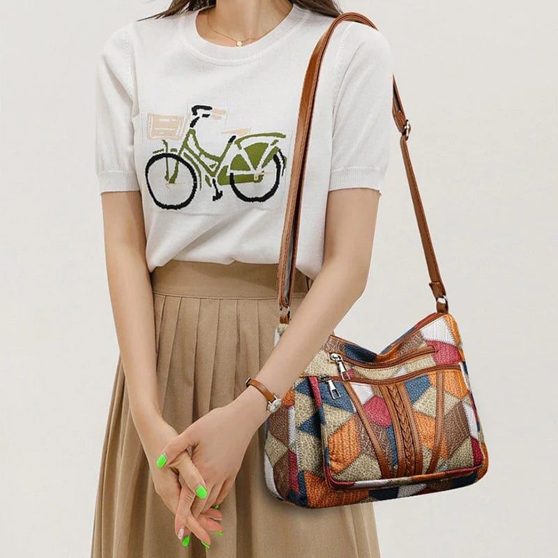 Women's Patchwork Shoulder Bag with Multiple Zip Pockets