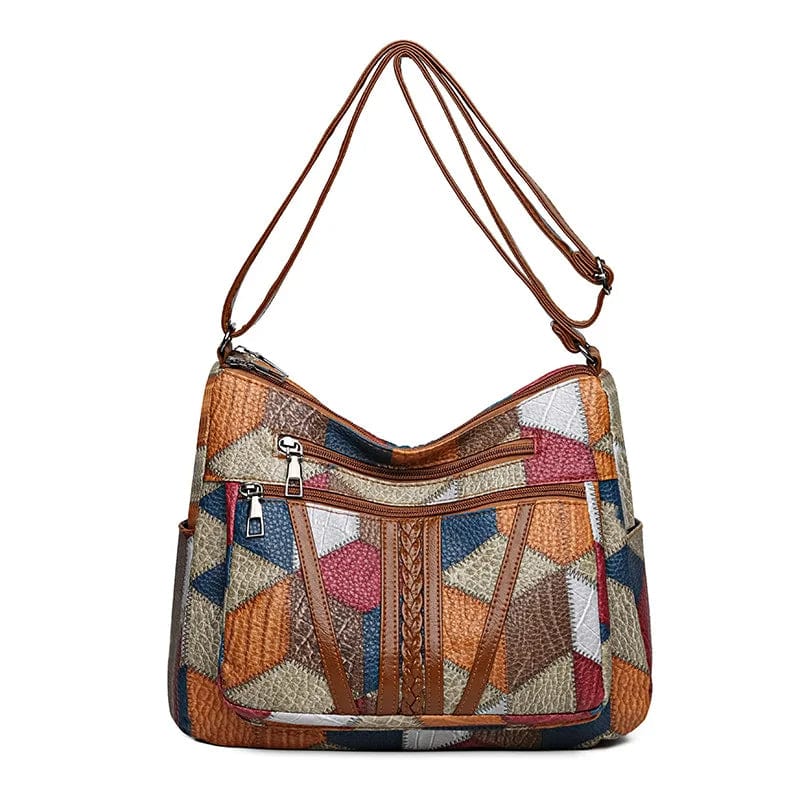 Women's Patchwork Shoulder Bag with Multiple Zip Pockets - 8