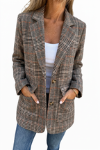 Women's Blazer Checked Notch Lapel with Pockets - Brown