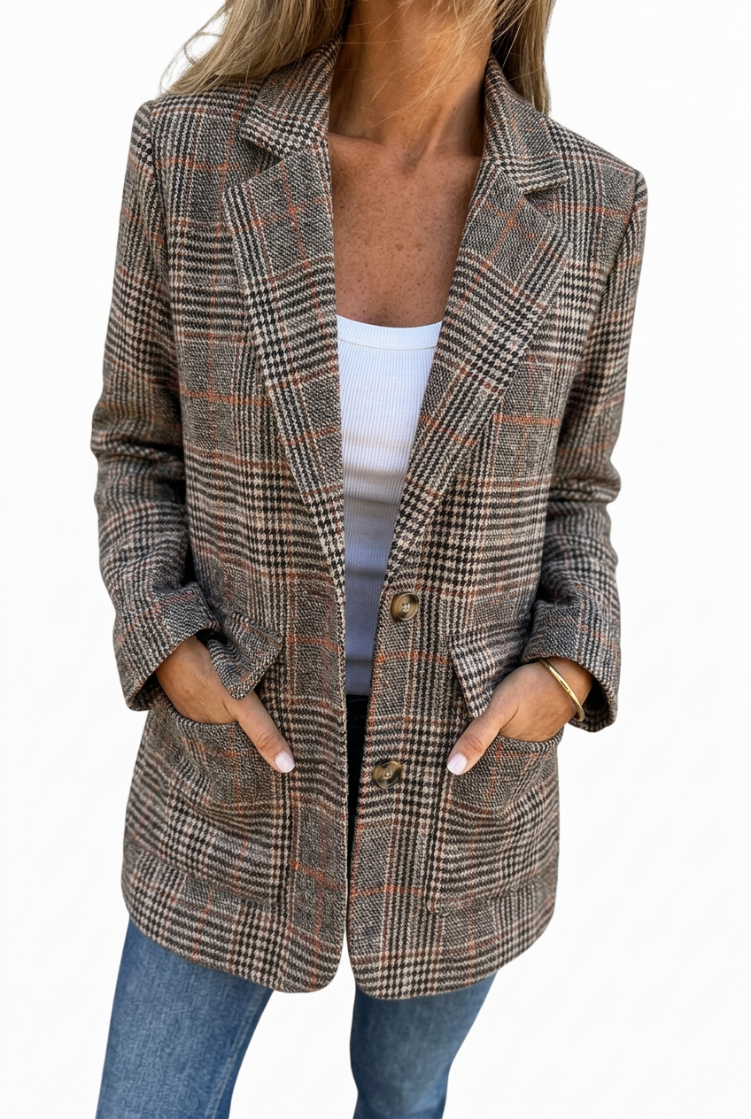 Women's Blazer Checked Notch Lapel with Pockets - Brown