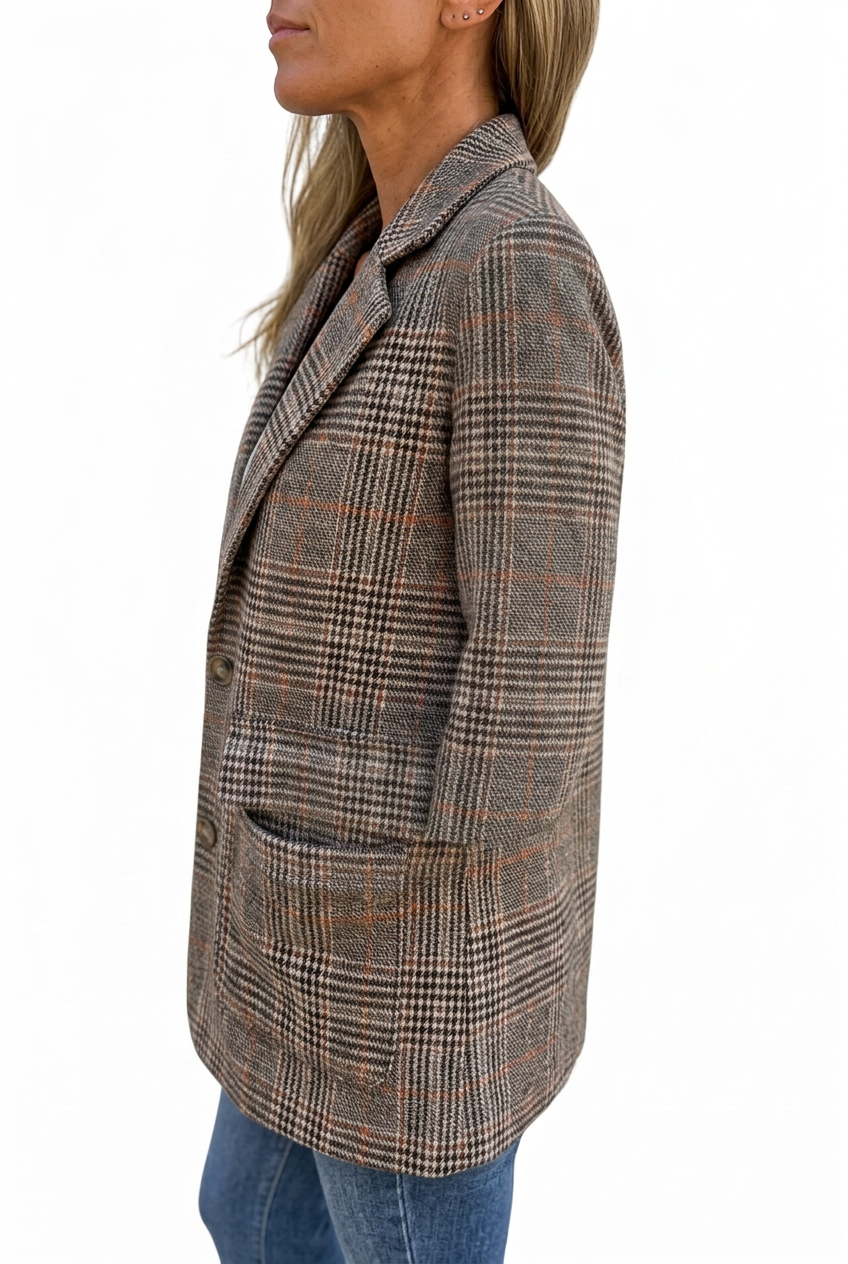 Women's Blazer Checked Notch Lapel with Pockets - 2