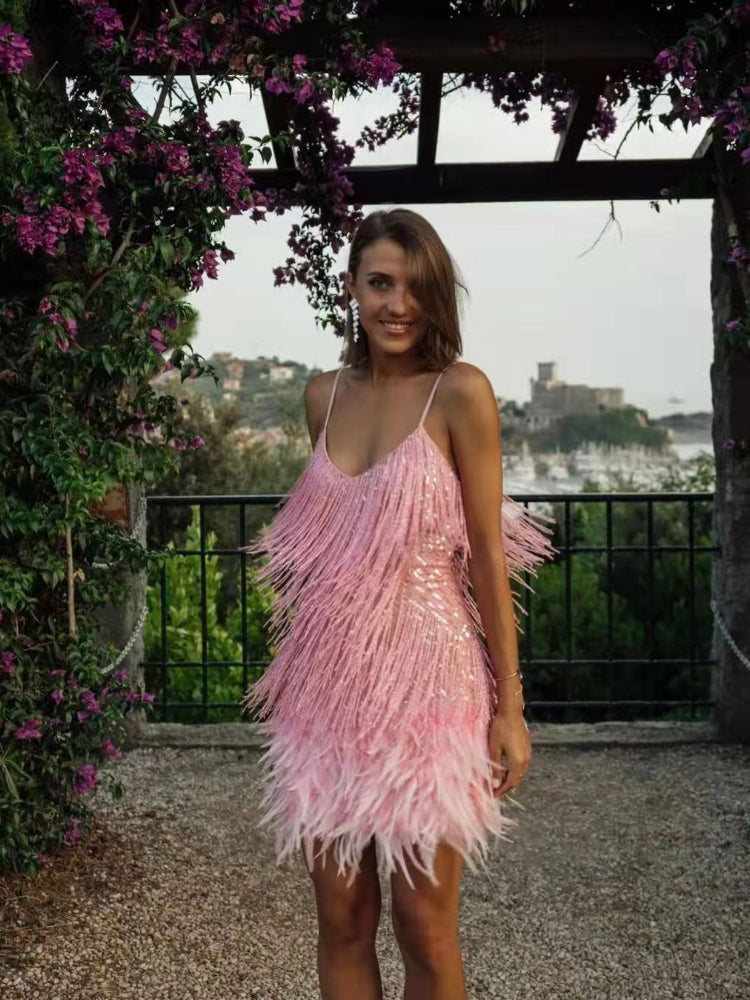 Women's Sequin Fringe Mini Dress with Thin Straps - 5