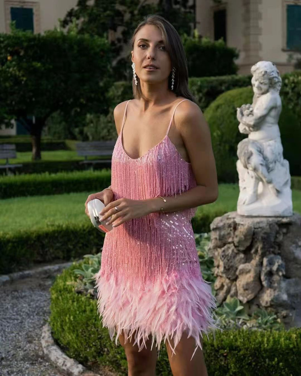 Women's Sequin Fringe Mini Dress with Thin Straps - 6