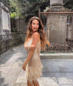 Women's Sequin Fringe Mini Dress with Thin Straps - 7
