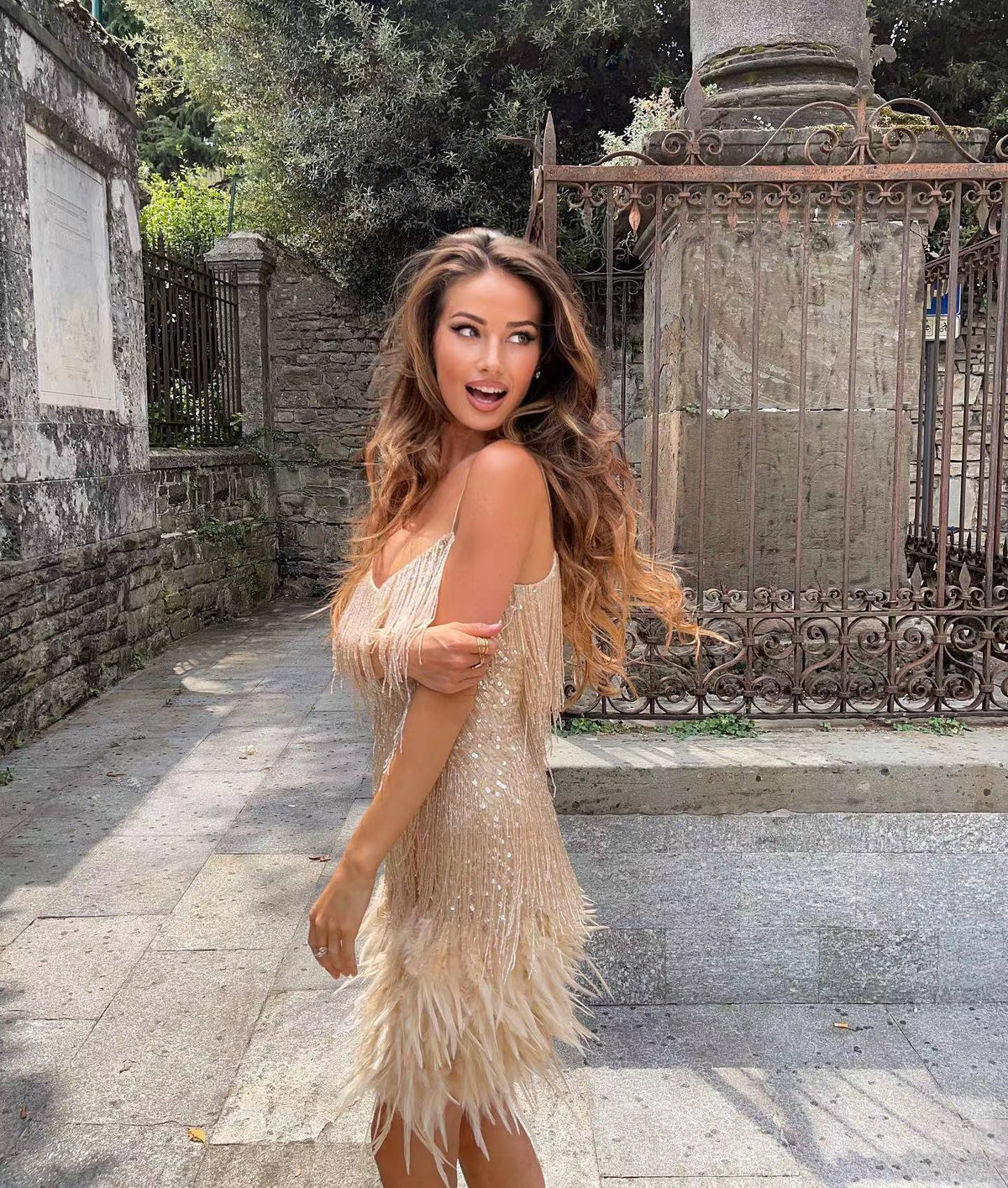 Women's Sequin Fringe Mini Dress with Thin Straps - 7