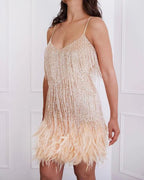 Women's Sequin Fringe Mini Dress with Thin Straps - Gold