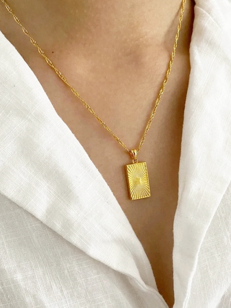 Rectangle Charm Necklace with Sunburst Pendant - 2