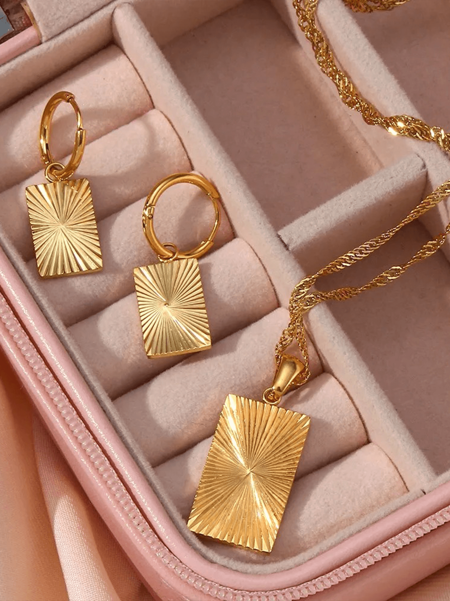 Rectangle Charm Necklace with Sunburst Pendant - 4