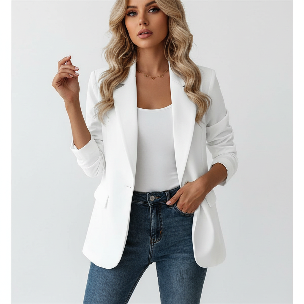 Women's Longline Blazer with Single-Button Fastening and Flap Pockets - White