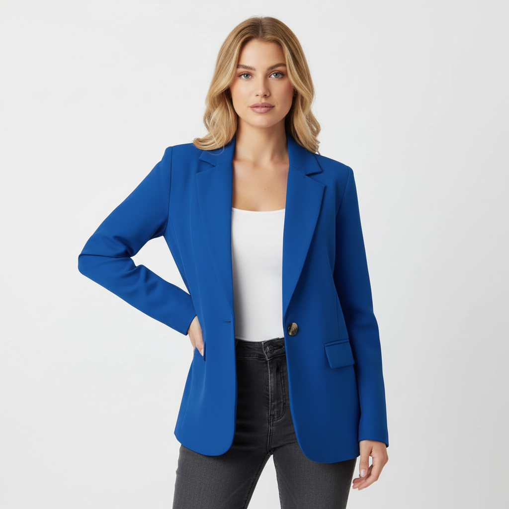 Women's Longline Blazer with Single-Button Fastening and Flap Pockets - Blue