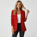 Women's Longline Blazer with Single-Button Fastening and Flap Pockets - Red