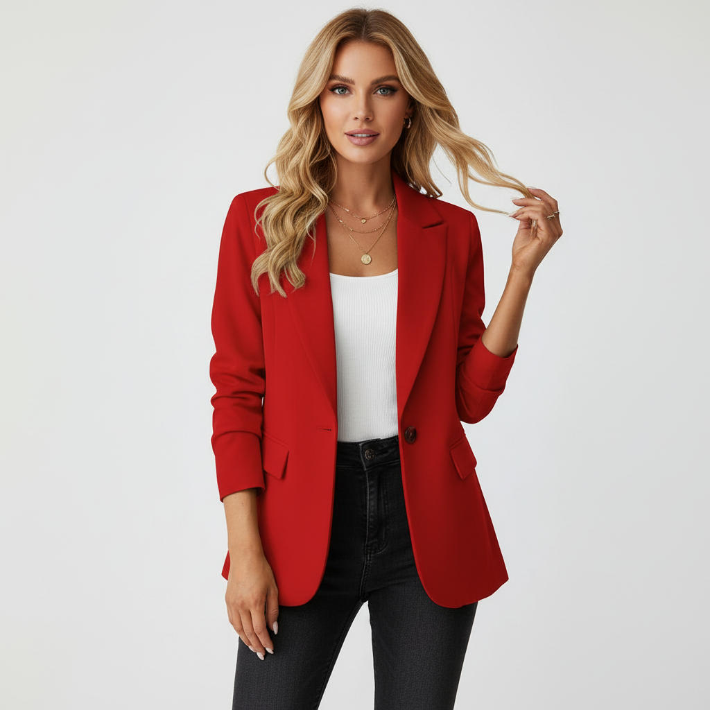 Women's Longline Blazer with Single-Button Fastening and Flap Pockets - Red