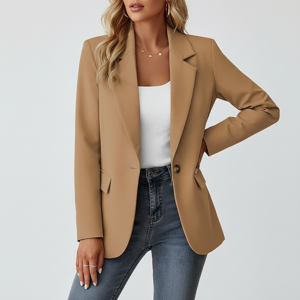 Women's Longline Blazer with Single-Button Fastening and Flap Pockets - Khaki