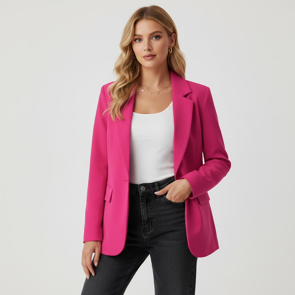 Women's Longline Blazer with Single-Button Fastening and Flap Pockets - Pink