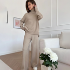 Women's Turtleneck Knit Loungewear Set with Wide-Leg Trousers - 11