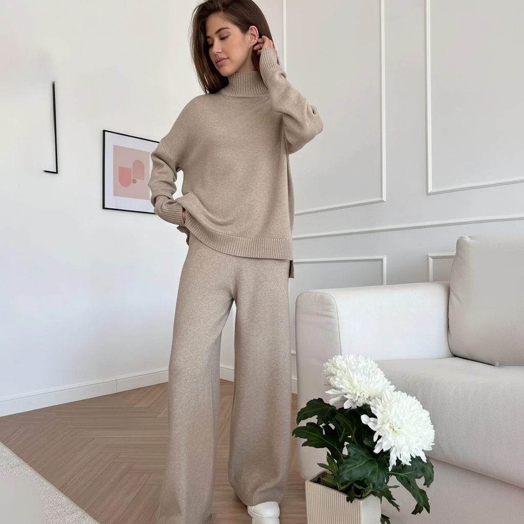 Women's Turtleneck Knit Loungewear Set with Wide-Leg Trousers - 11